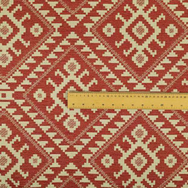 Red Cream Colour Kilim Tetris Pattern Furnishing Upholstery Fabric JO-1011 - Made To Measure Curtains