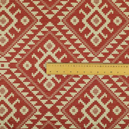 Red Cream Colour Kilim Tetris Pattern Furnishing Upholstery Fabric JO-1011 - Made To Measure Curtains