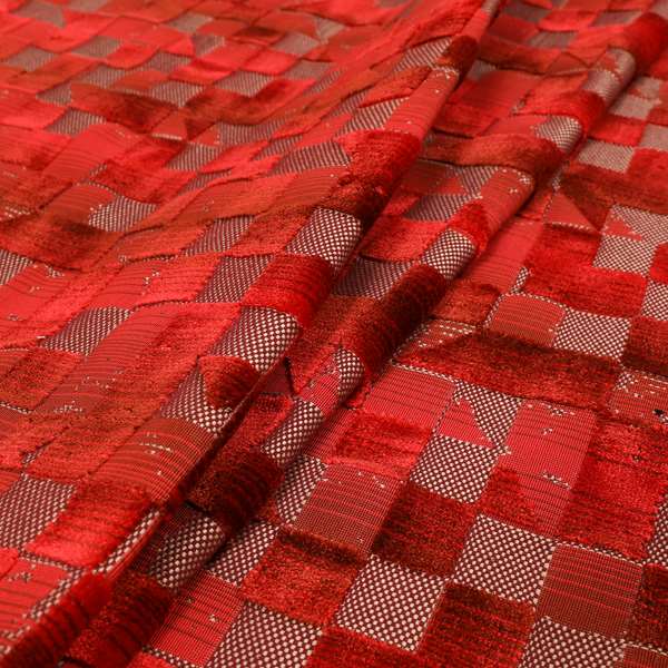 Red Colour Geometric Cubed Pattern Velvet Heavyweight Upholstery Fabric JO-1013 - Made To Measure Curtains