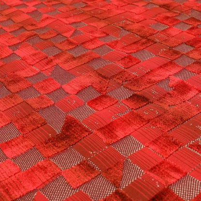 Red Colour Geometric Cubed Pattern Velvet Heavyweight Upholstery Fabric JO-1013