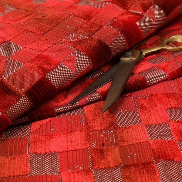 Red Colour Geometric Cubed Pattern Velvet Heavyweight Upholstery Fabric JO-1013 - Made To Measure Curtains