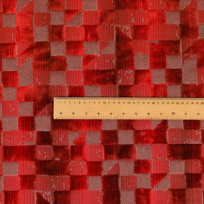 Red Colour Geometric Cubed Pattern Velvet Heavyweight Upholstery Fabric JO-1013 - Made To Measure Curtains