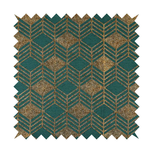 Teal Shiny Gold Colour Geometric Chevron Pattern Chenille Upholstery Fabric JO-1016 - Made To Measure Curtains