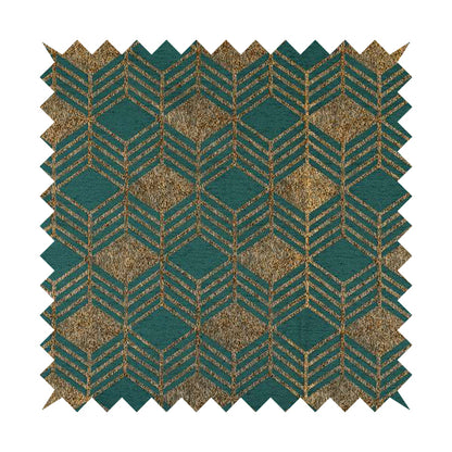 Teal Shiny Gold Colour Geometric Chevron Pattern Chenille Upholstery Fabric JO-1016 - Made To Measure Curtains