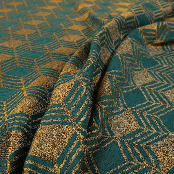 Teal Shiny Gold Colour Geometric Chevron Pattern Chenille Upholstery Fabric JO-1016 - Made To Measure Curtains