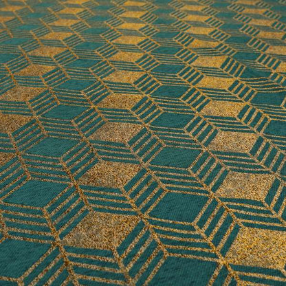 Teal Shiny Gold Colour Geometric Chevron Pattern Chenille Upholstery Fabric JO-1016 - Made To Measure Curtains