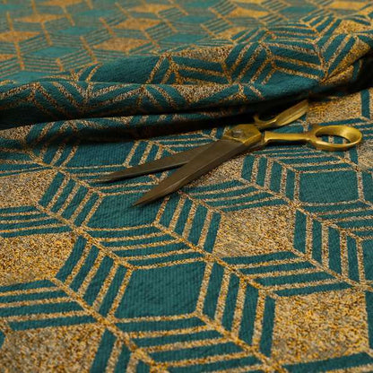 Teal Shiny Gold Colour Geometric Chevron Pattern Chenille Upholstery Fabric JO-1016 - Made To Measure Curtains