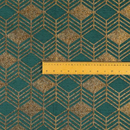 Teal Shiny Gold Colour Geometric Chevron Pattern Chenille Upholstery Fabric JO-1016 - Made To Measure Curtains