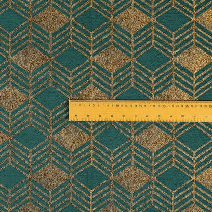 Teal Shiny Gold Colour Geometric Chevron Pattern Chenille Upholstery Fabric JO-1016