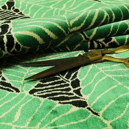 Green Black Colour Jungle Leafs Pattern Soft Velvet Upholstery Fabric JO-1020 - Made To Measure Curtains