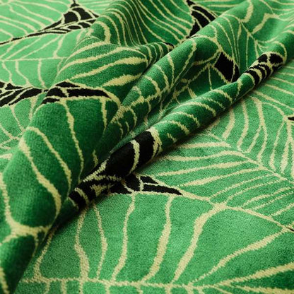 Green Black Colour Jungle Leafs Pattern Soft Velvet Upholstery Fabric JO-1020 - Made To Measure Curtains