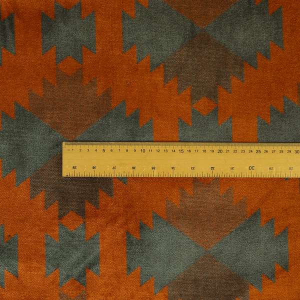 Grey Orange Colour Kilim Aztec Pattern Velvet Woven Upholstery Fabric JO-1024 - Made To Measure Curtains