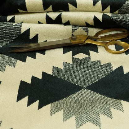 Navy Blue Cream Colour Kilim Aztec Pattern Velvet Woven Upholstery Fabric JO-1025 - Made To Measure Curtains