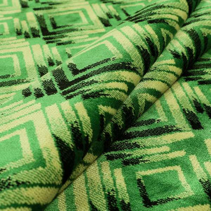 Green Black Cream Colour Faded Geometric Pattern Soft Velvet Upholstery Fabric JO-1039 - Made To Measure Curtains