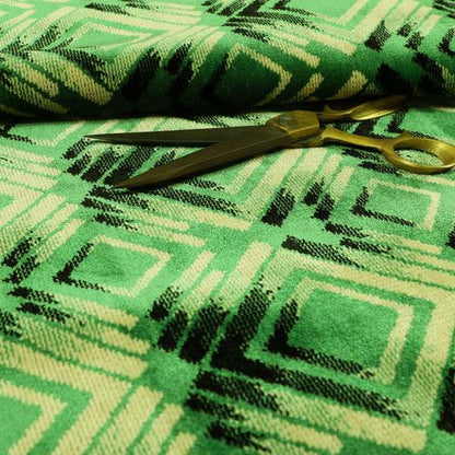 Green Black Cream Colour Faded Geometric Pattern Soft Velvet Upholstery Fabric JO-1039 - Made To Measure Curtains