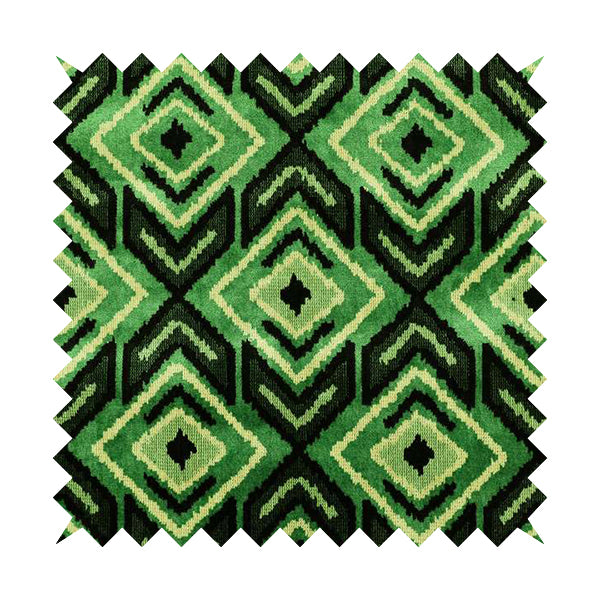 Green Black Cream Colour Squared Geometric Pattern Soft Velvet Upholstery Fabric JO-1040 - Made To Measure Curtains