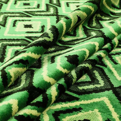 Green Black Cream Colour Squared Geometric Pattern Soft Velvet Upholstery Fabric JO-1040 - Handmade Cushions