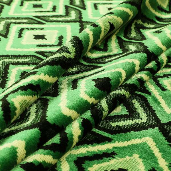 Green Black Cream Colour Squared Geometric Pattern Soft Velvet Upholstery Fabric JO-1040 - Made To Measure Curtains