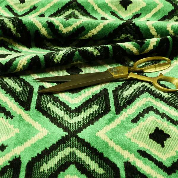 Green Black Cream Colour Squared Geometric Pattern Soft Velvet Upholstery Fabric JO-1040 - Roman Blinds