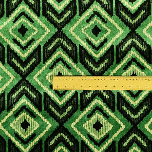 Green Black Cream Colour Squared Geometric Pattern Soft Velvet Upholstery Fabric JO-1040 - Made To Measure Curtains