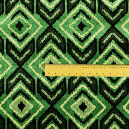 Green Black Cream Colour Squared Geometric Pattern Soft Velvet Upholstery Fabric JO-1040 - Made To Measure Curtains