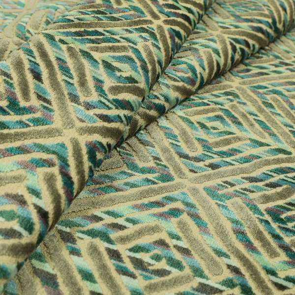 Shades Of Blue Greens Grey Geometric Velvet Raised Upholstery Fabric JO-1043 - Made To Measure Curtains