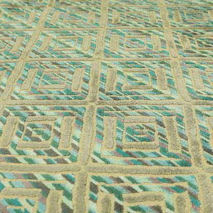 Shades Of Blue Greens Grey Geometric Velvet Raised Upholstery Fabric JO-1043 - Made To Measure Curtains