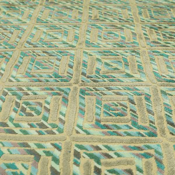 Shades Of Blue Greens Grey Geometric Velvet Raised Upholstery Fabric JO-1043