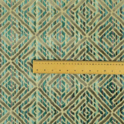 Shades Of Blue Greens Grey Geometric Velvet Raised Upholstery Fabric JO-1043 - Made To Measure Curtains