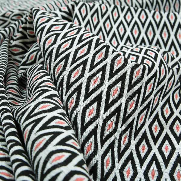 Uzbek Decorative Geometric Triangle Design Black White Pink Colour Soft Chenille Interior Fabric JO-105 - Made To Measure Curtains