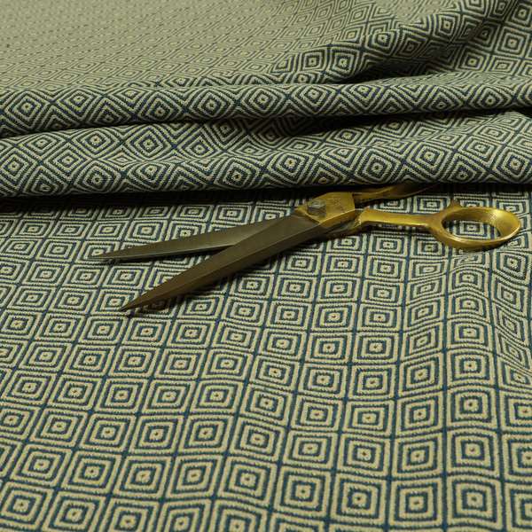 Blue Beige Geometric Cubed Pattern Chenille Upholstery Fabric JO-1070 - Made To Measure Curtains