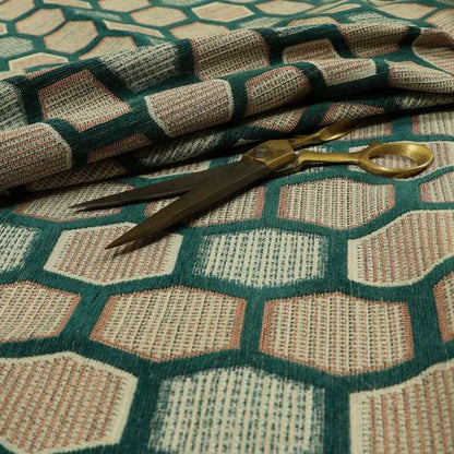 Teal Pink Colour Hexagon Geometric Pattern Soft Chenille Upholstery Fabric JO-1071