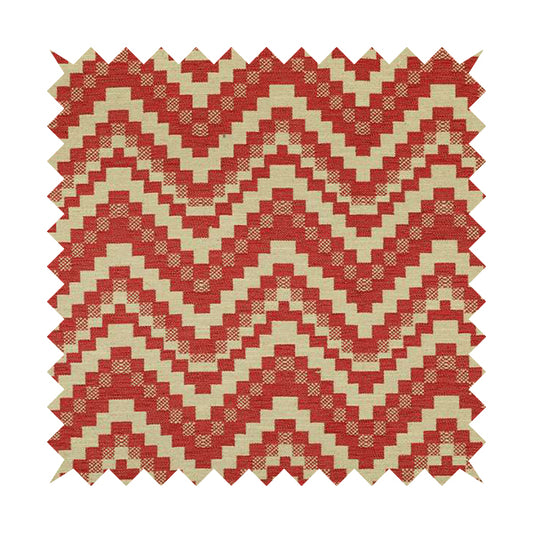 Red Cream Colour Cubed Chevron Pattern Furnishing Fabric JO-1078