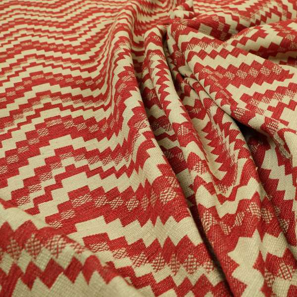 Red Cream Colour Cubed Chevron Pattern Furnishing Fabric JO-1078 - Made To Measure Curtains