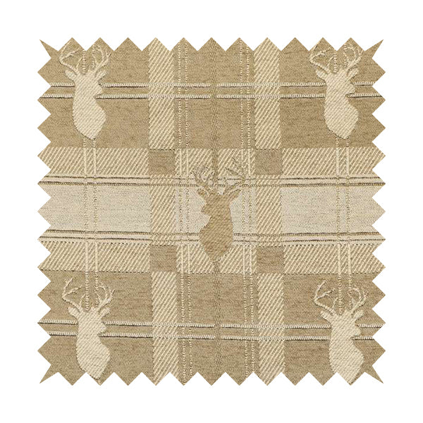 Highland Collection Luxury Soft Like Cotton Feel Stag Deer Head Animal Design On Checked Golden Beige Background Chenille Upholstery Fabric JO-108 - Roman Blinds