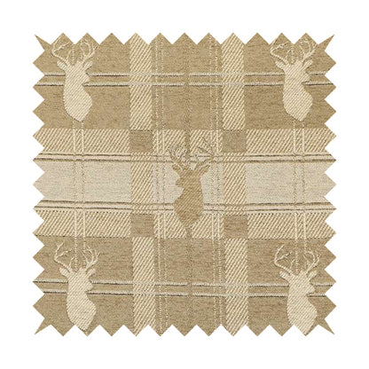 Highland Collection Luxury Soft Like Cotton Feel Stag Deer Head Animal Design On Checked Golden Beige Background Chenille Upholstery Fabric JO-108 - Made To Measure Curtains