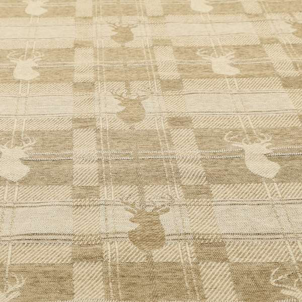 Highland Collection Luxury Soft Like Cotton Feel Stag Deer Head Animal Design On Checked Golden Beige Background Chenille Upholstery Fabric JO-108