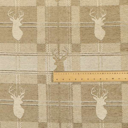 Highland Collection Luxury Soft Like Cotton Feel Stag Deer Head Animal Design On Checked Golden Beige Background Chenille Upholstery Fabric JO-108 - Roman Blinds