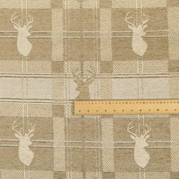 Highland Collection Luxury Soft Like Cotton Feel Stag Deer Head Animal Design On Checked Golden Beige Background Chenille Upholstery Fabric JO-108