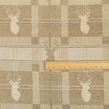 Highland Collection Luxury Soft Like Cotton Feel Stag Deer Head Animal Design On Checked Golden Beige Background Chenille Upholstery Fabric JO-108 - Made To Measure Curtains