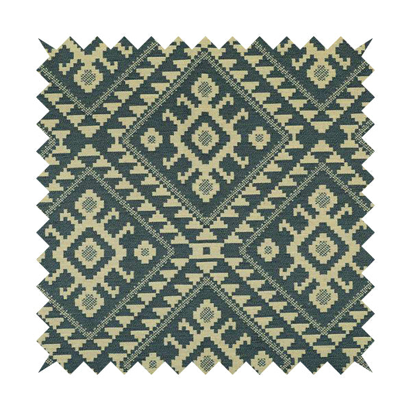 Blue Cream Colour Kilim Aztec Pattern Furnishing Fabric JO-1089