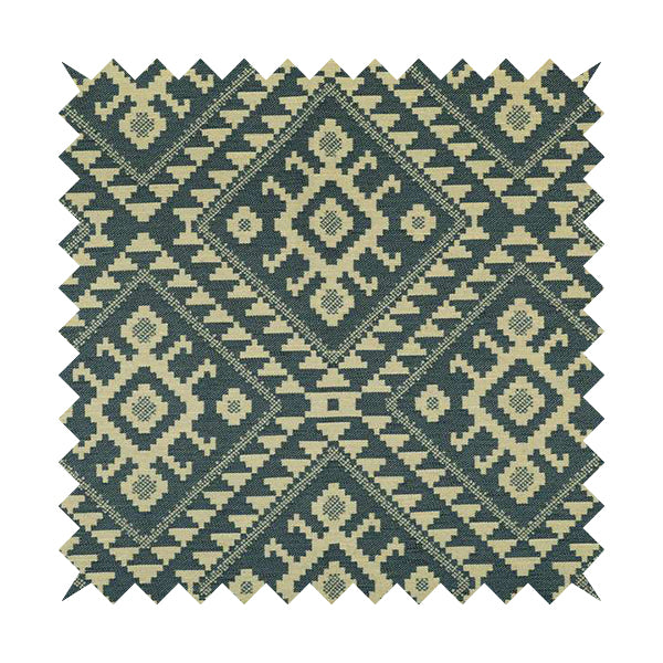 Blue Cream Colour Kilim Aztec Pattern Furnishing Fabric JO-1089 - Made To Measure Curtains