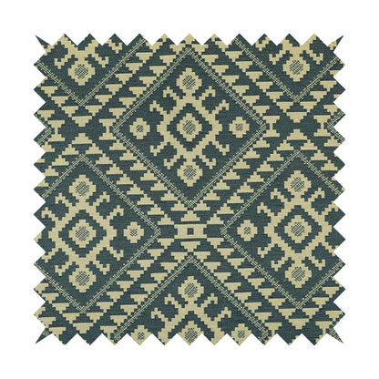 Blue Cream Colour Kilim Aztec Pattern Furnishing Fabric JO-1089 - Made To Measure Curtains