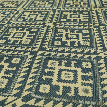 Blue Cream Colour Kilim Aztec Pattern Furnishing Fabric JO-1089 - Made To Measure Curtains