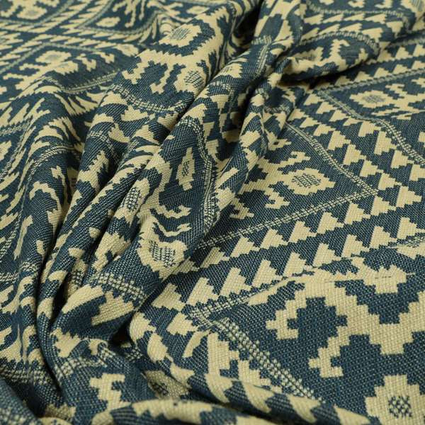 Blue Cream Colour Kilim Aztec Pattern Furnishing Fabric JO-1089 - Made To Measure Curtains