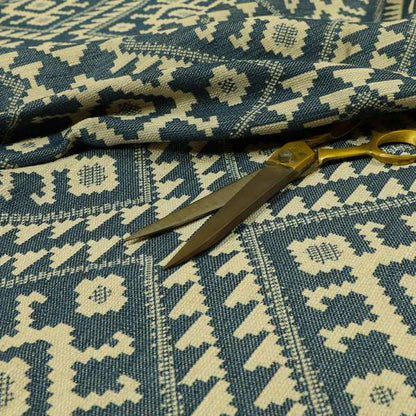 Blue Cream Colour Kilim Aztec Pattern Furnishing Fabric JO-1089