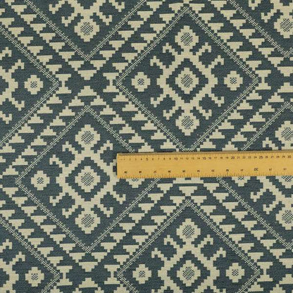 Blue Cream Colour Kilim Aztec Pattern Furnishing Fabric JO-1089 - Made To Measure Curtains