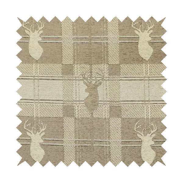 Highland Collection Luxury Soft Like Cotton Feel Stag Deer Head Animal Design On Checked Beige Background Chenille Upholstery Fabric JO-109 - Roman Blinds