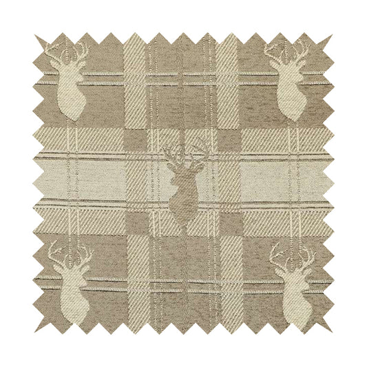 Highland Collection Luxury Soft Like Cotton Feel Stag Deer Head Animal Design On Checked Beige Background Chenille Upholstery Fabric JO-109