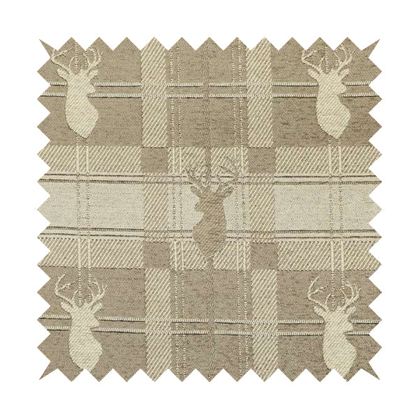 Highland Collection Luxury Soft Like Cotton Feel Stag Deer Head Animal Design On Checked Beige Background Chenille Upholstery Fabric JO-109 - Made To Measure Curtains